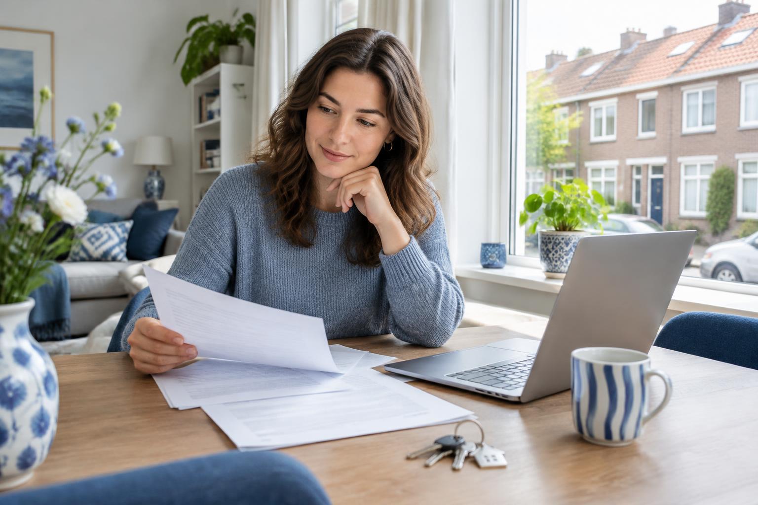 Home buyer reviewing documents at the kitchen table
