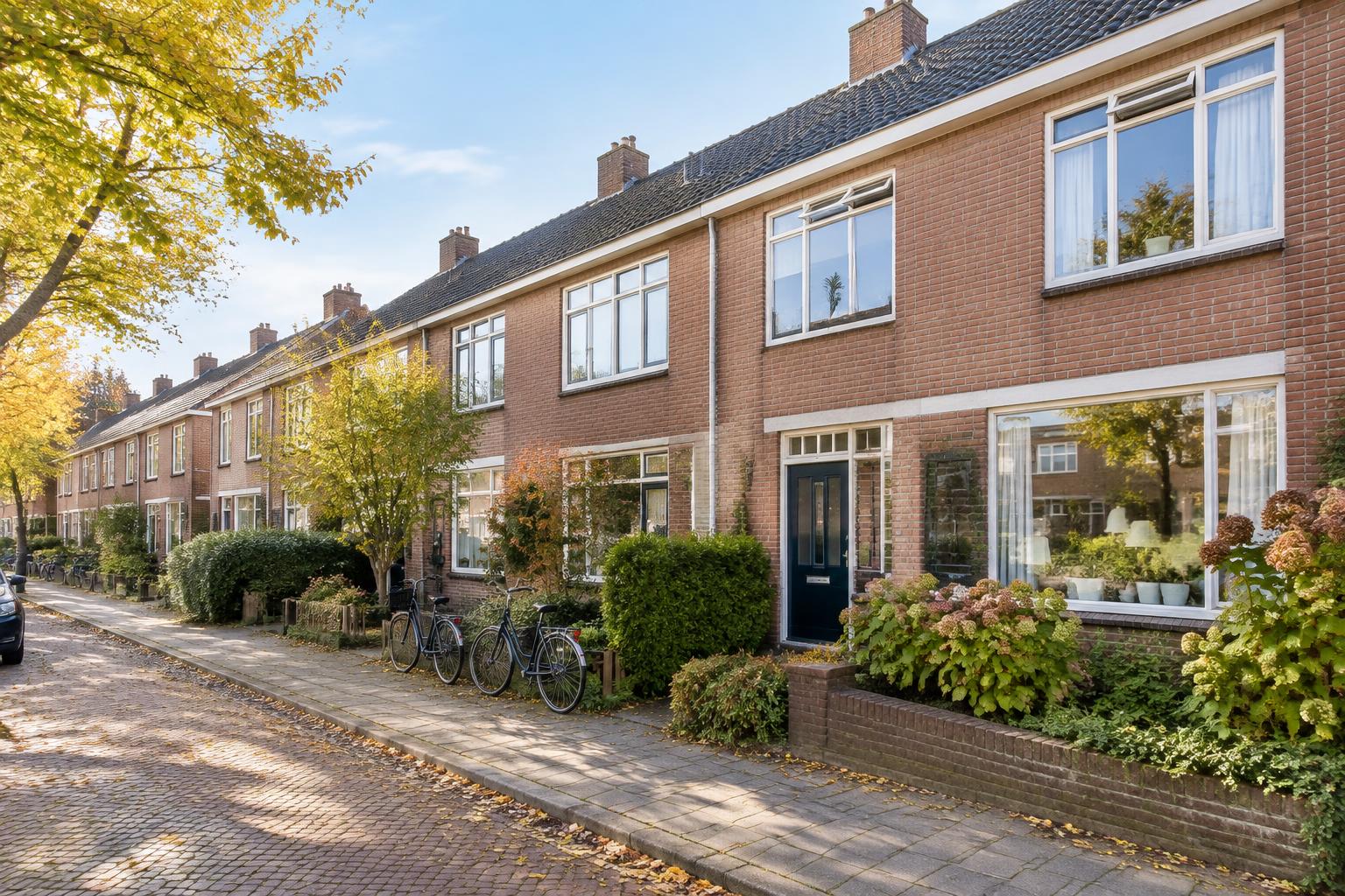 Nederlandse rijwoningen met voortuinen in het najaar